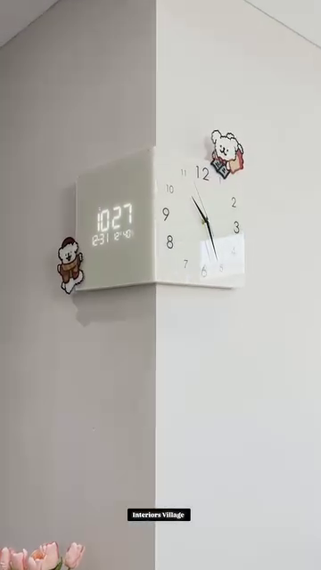 Cute Modern White Corner Wall Clock – Dual-Face Analog & Digital Display with Playful Cartoon Bear Accents