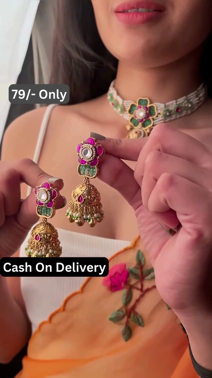 Elegant Floral Kundan Necklace and Jhumka Earrings Set with Pearl Accents